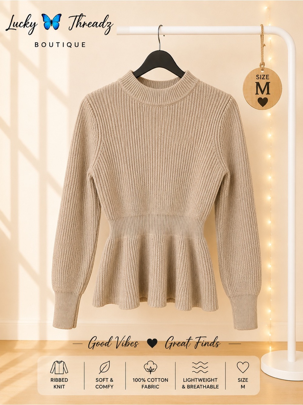 Beige Alice Blue Ribbed Peplum Sweater Medium